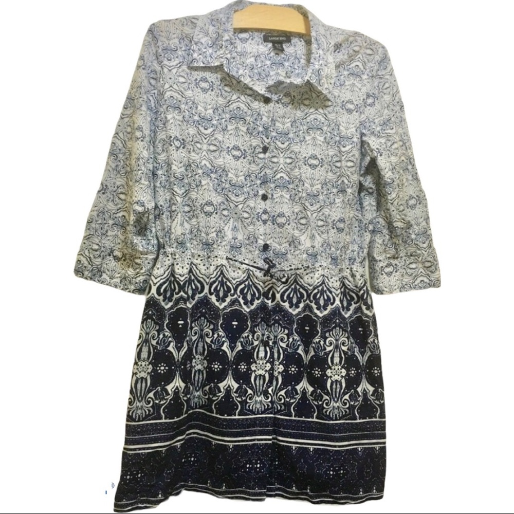 Lands End Blue Boho Shirt Tunic Shirt Button Dress